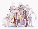  3girls armor bad_id bad_pixiv_id blonde_hair closed_eyes dress food fruit fur_coat grapes long_hair magi_the_labyrinth_of_magic multiple_boys multiple_girls partially_colored pernadius_alexius scheherazade_(magi) short_hair simao smile staff sword weapon 