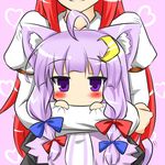  ahoge animal_ears blush carrying cat_ears cat_tail chibi coat crescent crescent_hair_ornament crossed_arms dress hair_ornament hair_ribbon head_out_of_frame heart juliet_sleeves kemonomimi_mode koakuma long_hair long_sleeves looking_at_viewer multiple_girls open_clothes open_coat parody patchouli_knowledge puffy_sleeves purple_eyes purple_hair red_hair ribbon rody_(hayama_yuu) shirt skirt skirt_set smile striped striped_dress style_parody tail touhou tress_ribbon very_long_hair vest 