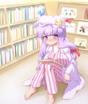  barefoot blush book bookshelf bow breast_rest breasts chen children's_book crescent dress eyebrows frown hair_bow hat hat_ribbon indoors kirisame_marisa knees_up koakuma large_breasts long_hair looking_at_viewer mob_cap patchouli_knowledge purple_eyes purple_hair ribbon robe sitting solo touhou waribashi-p 
