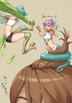  aqua_hair armpits bad_id bad_pixiv_id bangle blush bracelet breasts brown_hair feathered_wings feathers fighting green_eyes green_wings harpy jewelry lamia medium_breasts midriff minigirl monster_girl multiple_girls navel nukomasu open_mouth original ponytail purple_hair scales short_hair short_shorts shorts sitting sitting_on_head sitting_on_person tail tail_feathers talons tank_top translated wings 