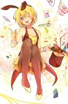  ;d androgynous animal_ears armin_arlert bad_id bad_pixiv_id bare_shoulders blonde_hair blue_eyes bunny_boy bunny_ears bunnysuit card cuffs fake_animal_ears flower hat hat_basket hat_removed headwear_removed high_heels holding holding_hat index_finger_raised knees_together_feet_apart leotard magician male_focus miko_(s1748s) one_eye_closed open_mouth otoko_no_ko pantyhose playing_card shingeki_no_kyojin shoes short_hair smile solo top_hat usamin wrist_cuffs yellow_leotard 