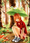  animal_themed_umbrella blue_eyes brown_hair cherriuki fairy highres leaf legs lips long_hair minigirl multiple_girls mushroom orange_hair original scarf shoes short_hair sitting size_difference skirt sneakers sweater tree umbrella wet 