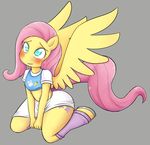  anthro anthrofied basketgardevoir blush clothed clothing cutie_mark equine female fluttershy_(mlp) friendship_is_magic fur green_eyes grey_background hair horse kneeling mammal my_little_pony navel pegasus pink_hair plain_background pony shirt sitting skirt smile socks solo spread_wings sweat wide_hips wings yellow_fur 