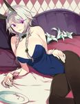  alternate_eye_color animal_ears bed bow bowtie braid breasts bunny_ears bunnysuit covered_nipples drink fakepucco flower glass izayoi_sakuya large_breasts maid_headdress pantyhose pillow plate purple_eyes short_hair silver_hair smile solo touhou twin_braids 