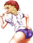 aki_minoriko alternate_costume ass bent_over blonde_hair blush breasts buruma gym_uniform hand_on_ass hat highres large_breasts looking_at_viewer looking_back open_mouth pointing pointing_at_self puffy_sleeves red_eyes shirt short_sleeves simple_background smile solo touhou white_background zan_(harukahime) 