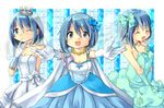  :d bare_shoulders blue_eyes blue_hair bow breasts cape choker cleavage closed_eyes collarbone crown dress flower gloves hair_bow hair_flower hair_ornament jewelry mahou_shoujo_madoka_magica medium_breasts miki_sayaka necklace one_eye_closed open_mouth pearl_necklace pokopokoko short_hair smile veil 
