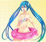  :d bikini blue_eyes blue_hair breasts hatsune_miku highres innertube long_hair navel noboes open_mouth polka_dot polka_dot_background small_breasts smile solo swimsuit twintails vocaloid 