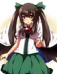  alternate_hairstyle bird_wings black_wings blush breasts brown_hair cape hair_ribbon highres large_breasts long_hair looking_at_viewer moe_m open_mouth puffy_sleeves red_eyes reiuji_utsuho ribbon shirt short_sleeves skirt solo thighhighs touhou twintails wings 