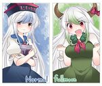  :d bad_id bad_pixiv_id blue_dress blue_hair book brown_eyes dress dual_persona english ex-keine fang green_hair hammer_(sunset_beach) hat horn_ribbon horns kamishirasawa_keine long_hair multicolored_hair open_mouth red_eyes ribbon silver_hair smile touhou translation_request 
