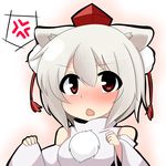  anger_vein animal_ears bare_shoulders blush detached_sleeves hat inubashiri_momiji open_mouth red_eyes short_hair solo tokin_hat touhou twumi upper_body white_hair wide_sleeves wolf_ears 