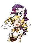 2girls beret blonde_hair blue_eyes breasts collared_shirt crossover detached_sleeves drill_hair ears hair_ornament hat hobbang horn long_hair magical_girl mahou_shoujo_madoka_magica medium_breasts multiple_girls my_little_pony my_little_pony_friendship_is_magic open_mouth puffy_sleeves purple_hair rarity shirt simple_background smirk sweat tomoe_mami trait_connection twin_drills twintails unicorn white_background yellow_eyes 