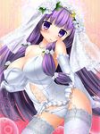  alternate_costume bare_shoulders blush breasts bride bug_(artist) bustier crescent crescent_hair_ornament dress elbow_gloves garter_straps gloves hair_ornament highres jewelry large_breasts long_hair mouth_hold necklace panties patchouli_knowledge purple_eyes purple_hair solo thighhighs touhou underwear veil wedding_dress white_gloves white_legwear white_panties 