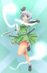  blue_eyes breasts dual_wielding holding irudana katana konpaku_youmu konpaku_youmu_(ghost) looking_at_viewer medium_breasts short_hair solo sword touhou weapon 