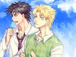  black_hair blonde_hair caesar_anthonio_zeppeli facial_mark food green_eyes jojo_no_kimyou_na_bouken joseph_joestar_(young) multiple_boys necktie popsicle summer sweat tsuneaki_(dosnan) 