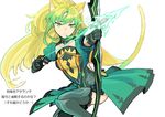  aiming animal_ears arrow atalanta_(fate) blonde_hair bow_(weapon) cat_ears cat_tail drawing_bow elbow_gloves fate/apocrypha fate_(series) gloves gradient_hair green_eyes green_hair holding holding_arrow holding_bow_(weapon) holding_weapon long_hair madara-ame multicolored_hair outstretched_arm puffy_sleeves solo tail thighhighs translation_request weapon 