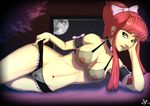  apple_bloom_(mlp) blush bow bra breasts cleavage clothed clothing deilan12 female friendship_is_magic full_moon green_eyes hair holding_head human humanized long_hair looking_at_viewer lying mammal moon my_little_pony navel nipples not_furry panties partially_clothed plant pose pussy red_hair solo translucent underwear window 
