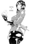  1girl ada_wong ass black_hair breasts capcom gloves gun large_breasts minyanyako monochrome resident_evil resident_evil_6 short_hair solo weapon 