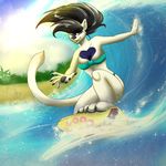  &lt;3 4_toes alestra beach bikini black_hair black_nose blue_eyes blue_marking breasts claws clothed clothing eyes_open female hair hindpaw markings paws seaside smile surfing swimsuit tight_clothing toe_claws water wet wolflady 