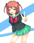  brown_eyes brown_hair hataraku_maou-sama! open_mouth ribbon saotome_mirai sasaki_chiho school_uniform short_hair short_twintails skirt solo twintails v 