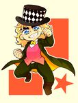  bad_id bad_pixiv_id blonde_hair blue_eyes bow bowtie checkered checkered_hat chibi coat hat highres jojo_no_kimyou_na_bouken long_hair lqqivlozz male_focus phantom_blood robert_eo_speedwagon scar solo top_hat vest 