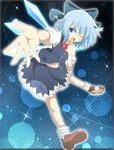  blue_eyes blue_hair bow bubble cirno do_(4-rt) fang finger_to_mouth highres ice ice_wings letterboxed lights looking_at_viewer midriff navel one_eye_closed open_mouth outstretched_arm outstretched_hand shirt skirt skirt_set smile solo touhou vest wings 