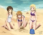  artist_name bare_shoulders beach bikini blonde_hair blue_eyes blue_swimsuit breasts brown_eyes brown_hair bucket charlotte_e_yeager cleavage collarbone crab dated kanokoga kneeling marian_e_carl medium_breasts multiple_girls noble_witches one-piece_swimsuit purple_swimsuit sand school_swimsuit signature strike_witches swimsuit takei_junko water world_witches_series 