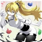  1girl bare_shoulders bent_over blonde_hair breasts chinese_clothes earrings ghost grey_eyes heart hitodama jewelry jiangshi kara_age monster_girl open_mouth original pale_skin pantyhose smile solo tongue tongue_out torn_clothes wide_sleeves yurea_(kara_age) 