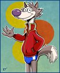  bulge canine cartoon chip_the_wolf chip_wolf cookie_crisp invalid_color jacket kcee male mammal nestle paws pinup pose purple_nose smile speedo swimsuit toony underware underwear white wolf 