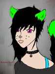  black_fur black_hair clothed clothing collar collared female genderbend green_ears green_fur grey_background hair little_kitty plain_background purple_eyes shirt strap tag thepartgirl1 