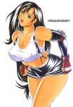  1girl black_hair breasts final_fantasy final_fantasy_vii large_breasts long_hair midriff minyanyako simple_background smile solo tifa_lockhart 