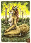  canine eyes_closed female fennec forest fox hair kirsch mammal nude sitting solo traditional_media tree 