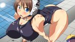  1girl bent_over blue_eyes breasts brown_hair covered_nipples curvy erect_nipples female highres huge_breasts kunifuto one-piece_swimsuit original pool short_hair solo sport swimsuit water_polo wet 