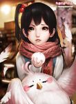  bird black_hair brown_eyes dera_mochimazzui feathers food hair_bobbles hair_ornament highres kitashirakawa_anko long_hair mochi monkey_buonarroti one_side_up raised_eyebrow realistic scarf tamako_market wagashi 