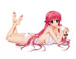  1girl absurdres apron ass barefoot blue_eyes braid breasts dessert feet food hair_ribbon happoubi_jin highres kanojo_x_kanojo_x_kanojo large_breasts long_hair lying on_stomach orifushi_akina panties parfait pink_hair ribbon soles toes underwear 