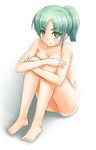  :&lt; barefoot breasts cleavage copyright_request frown full_body green_eyes green_hair irudana leg_hug medium_breasts nude short_hair simple_background sitting sketch solo white_background 
