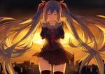  caidychen city closed_eyes cowboy_shot glow_(vocaloid) hatsune_miku long_hair school_uniform serafuku skirt solo sunset thighhighs twintails very_long_hair vocaloid zettai_ryouiki 