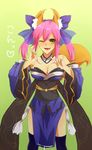  animal_ears aoimio blue_legwear bow breasts detached_sleeves fang fate/extra fate_(series) fox_ears fox_tail hair_bow hair_ribbon japanese_clothes large_breasts one_eye_closed pink_hair ribbon solo tail tamamo_(fate)_(all) tamamo_no_mae_(fate) thighhighs twintails yellow_eyes 