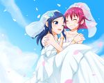  ;d ^_^ aida_mana blue_eyes blue_hair bow bracelet braid choker closed_eyes dokidoki!_precure dress flipped_hair flower gloves gown hair_bow hair_ornament hair_ribbon half_updo happy hishikawa_rikka jewelry long_hair minu multiple_girls one_eye_closed open_mouth pink_hair precure ribbon short_hair single_braid smile wedding_dress white_dress wife_and_wife yuri 