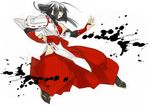  ahoge alternate_costume black_hair black_legwear breasts clenched_hand detached_sleeves fighting_stance full_body hakama highres huge_ahoge inkblot japanese_clothes kuroi_yasu large_breasts leotard long_hair m.u.g.e.n original red_hakama sandals scar sendai_hakurei_no_miko solo tabi toned touhou 