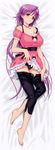  1girl absurdres barefoot black_panties breasts capri_pants cleavage cleavage_cutout cross dakimakura denim feet green_eyes happoubi_jin highres jeans kanojo_x_kanojo_x_kanojo large_breasts long_hair long_image lying on_back orifushi_natsumi panties pants pants_down purple_hair solo tall_image underwear undressing unzipped very_long_hair 