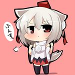  animal_ears bare_shoulders black_legwear blush chibi clenched_hands detached_sleeves frown hat inubashiri_momiji red_eyes short_hair skirt solo tail thighhighs tokin_hat touhou twumi white_hair wolf_ears wolf_tail 