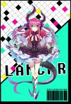  barcode binary blue_eyes claws deba detached_sleeves dress elizabeth_bathory_(fate) elizabeth_bathory_(fate)_(all) fate/extra fate/extra_ccc fate_(series) horns long_hair pink_hair pointy_ears pointy_shoes shoes solo tail two_side_up 