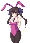  alternate_costume animal_ears bare_shoulders black_hair black_legwear blush breasts bunny_ears bunny_girl bunnysuit cleavage covered_navel detached_collar hair_ribbon himekaidou_hatate isaki_(gomi) long_hair looking_at_viewer necktie oekaki pantyhose pointy_ears purple_eyes ribbon simple_background small_breasts solo touhou twintails white_background wrist_cuffs 