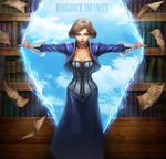  amulet bioshock bioshock_infinite blue_eyes blue_sky book breasts brown_hair choker cleavage cloud corset cropped_jacket day dress elizabeth_(bioshock_infinite) gap library lips long_skirt medium_breasts short_hair skirt sky solo tora_nu_tanuki 