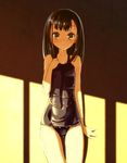  bad_id bad_pixiv_id black_hair black_school_swimsuit blush brown_eyes domo1220 long_hair one-piece_swimsuit original school_swimsuit shiny shiny_clothes solo swimsuit wet window_shade 