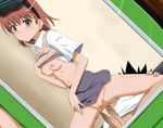  1girl anal anus areolae blush breasts brown_hair circle_anco clothed_sex dutch_angle girl_on_top highres kamijou_touma legs looking_down lying misaka_imouto navel nipples no_bra no_panties penis pussy school_uniform sex shirt_lift short_hair sitting sitting_on_person skirt skirt_lift smile thighs to_aru_kagaku_no_railgun to_aru_majutsu_no_index uncensored veins veiny_penis window 