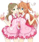  apron blue_eyes blush bow breast_press breasts brown_hair cat cupcake food green_eyes hands_clasped houjou_hibiki long_hair looking_at_viewer minamino_kanade minatsuki_randoseru multiple_girls open_mouth orange_hair own_hands_together pink_bow precure smile suite_precure two_side_up 