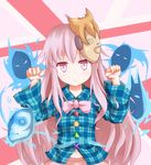  bow clenched_hands expressionless face_mask hata_no_kokoro highres long_hair long_sleeves mask midriff navel new_mask_of_hope pink_eyes pink_hair plaid plaid_shirt raised_fists shirt shize_(coletti) skirt solo touhou very_long_hair wide_sleeves 