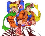  black_hair blonde_hair bomber_hat caesar_anthonio_zeppeli facial_mark fingerless_gloves gloves hat headband highres jacket jojo_no_kimyou_na_bouken joseph_joestar_(young) multiple_boys official_style pants pose scarf striped striped_pants tnk-13 