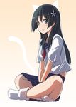  black_hair flower green_eyes hair_flower hair_ornament highres indian_style long_hair sakugawa_school_uniform saten_ruiko school_uniform serafuku shiratori_serano sitting skirt to_aru_kagaku_no_railgun to_aru_majutsu_no_index 